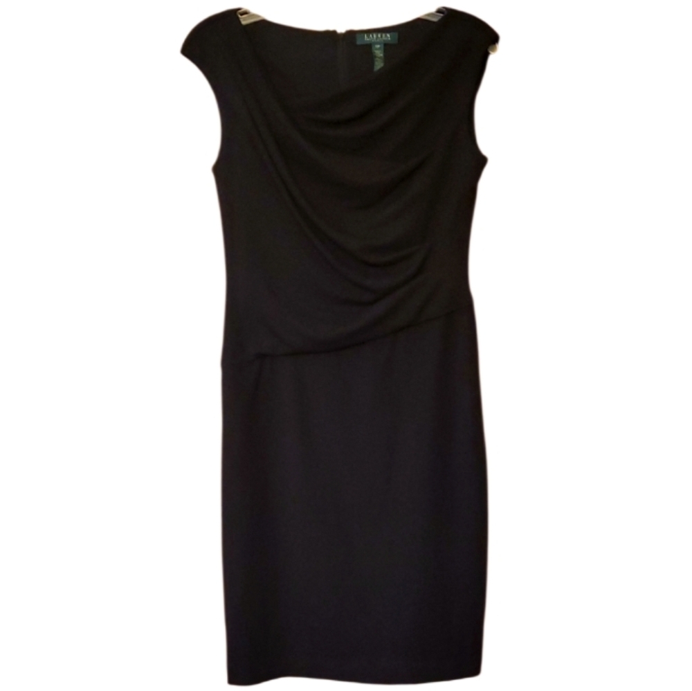 Lauren Ralph Lauren Elegant Black Midi Dress With Draped‎ Neckline Size 10P